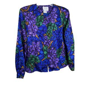 TESS Vintage Blue Floral Button Front Blouse Long Sleeve Size 8 Office Glam